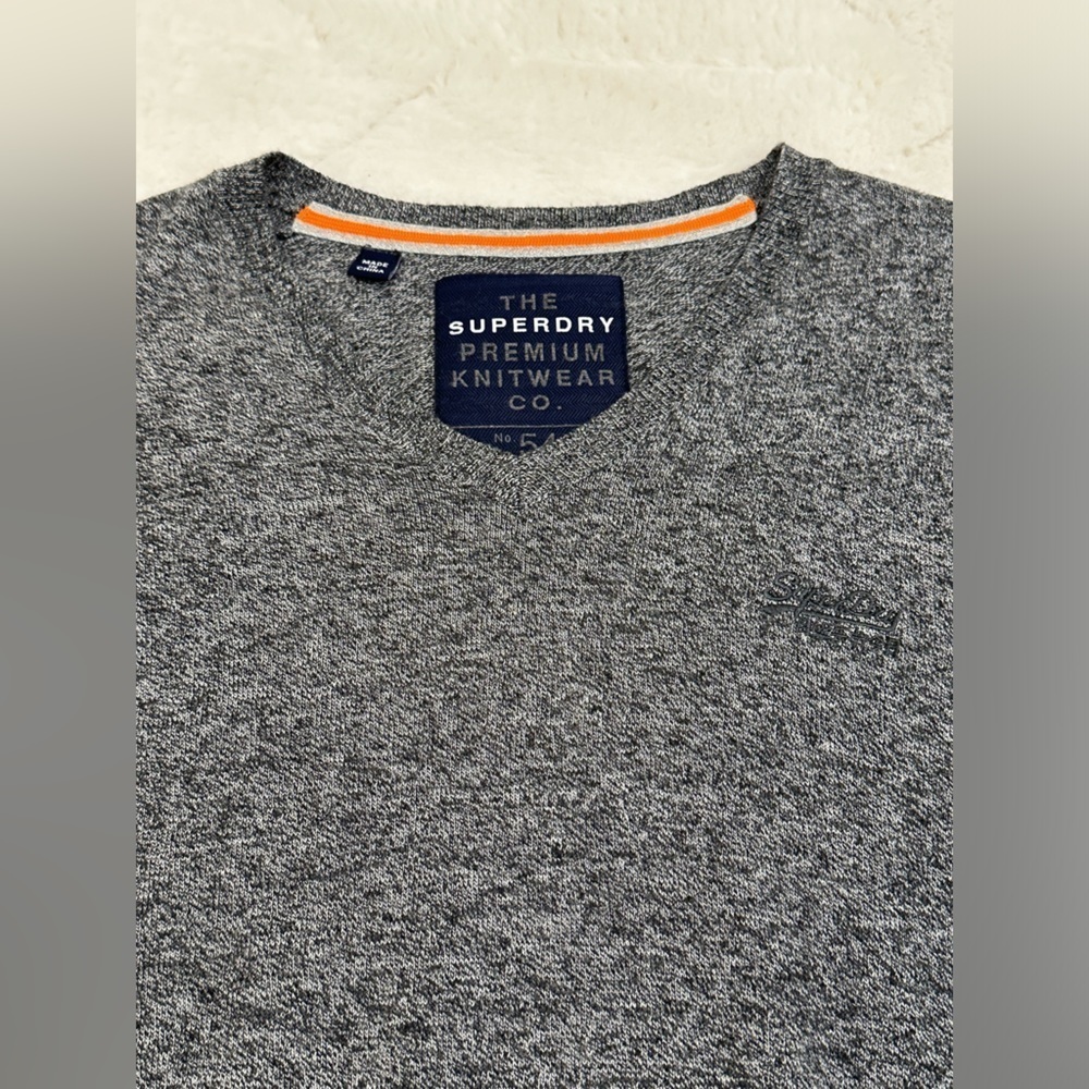 Superdry Men's V-Neck Sweater in Charcoal Gray with Orange Trim - Picture 4 of 12